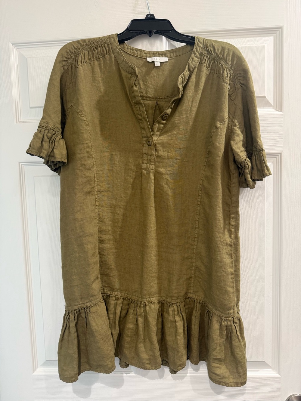 Joie Olive Green Knee Length Ruffle Short Sleeve Dress 100% Linen Womens Small S